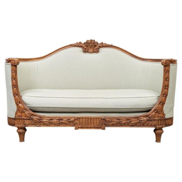 Classic French Carved Beige Linen Sofa