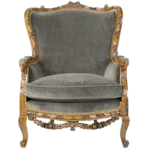 Classic French Style Armchair with Carved Wood Frame and Gray Velvet Upholstery