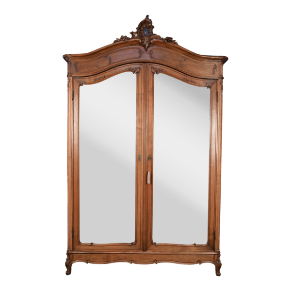 Classic French Style Brown Wood Armoire with Mirrored Doors