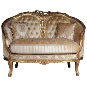 Classic French Style Loveseat Sofa with Gold and Beige Fabric Upholstery