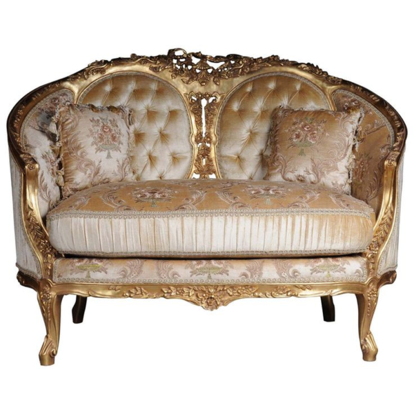 Classic French Style Loveseat Sofa with Gold and Beige Fabric Upholstery