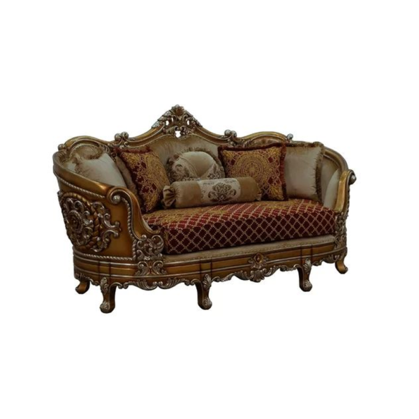 Classic French Style Sofa with Gold and Red Fabric Upholstery