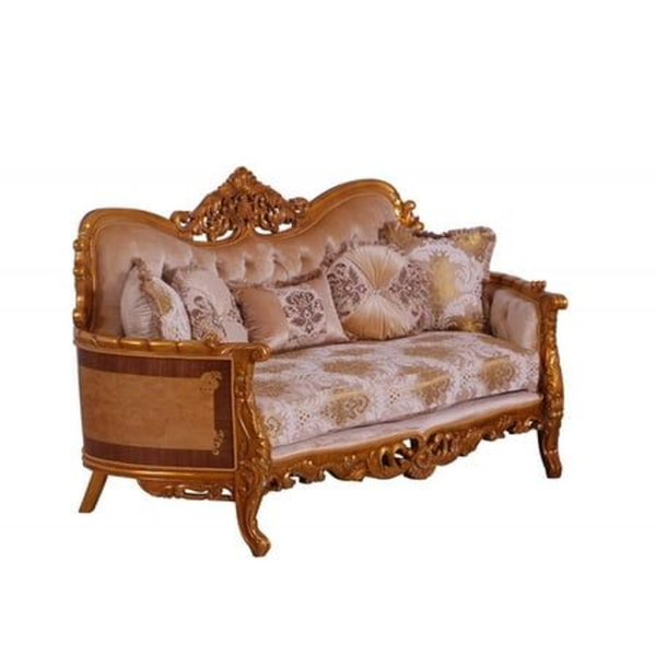Classic French Style Beige and Gold Sofa with Carved Wood Frame