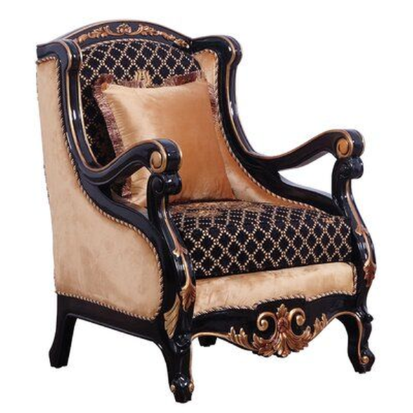 Classic French Style Beige and Black Sofa with Carved Wood Frame