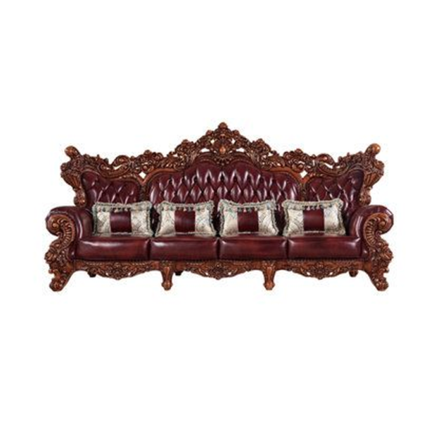 Classic French Style Burgundy Sofa with Carved Wood Frame