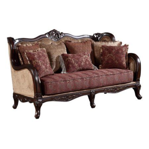 Classic French Style Sofa with Carved Wood Frame and Burgundy Fabric
