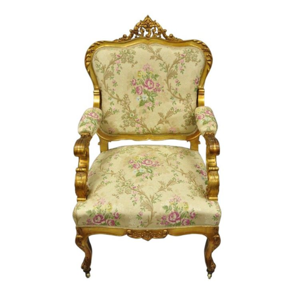 Classic French Style Sofa with Floral Upholstery and Gold Accents
