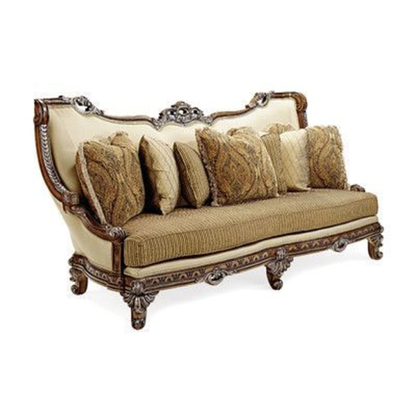 Classic French Style Beige Linen Sofa with Wood Carvings