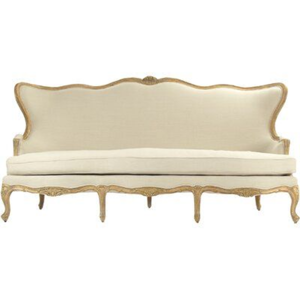 Classic French Beige Linen Sofa with Carved Wood Frame