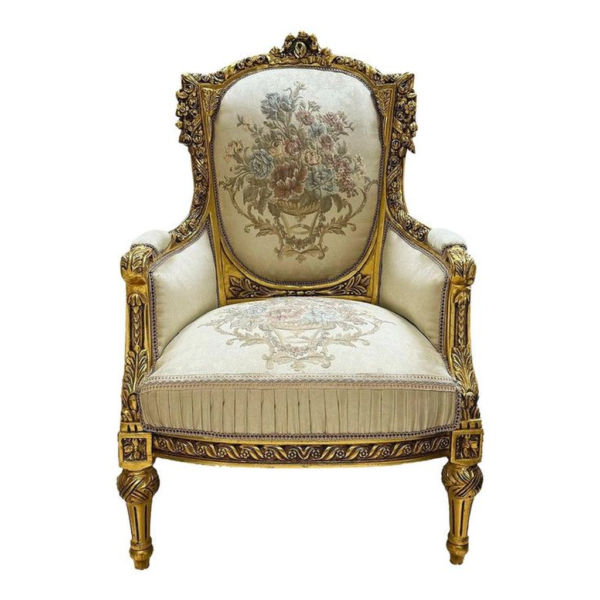 Classic French Style Sofa with Beige Linen and Gold Wood Frame