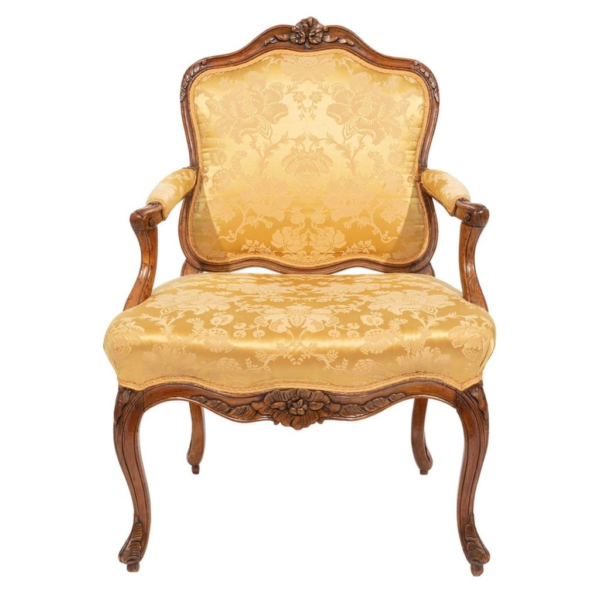 Classic French style yellow sofa with carved wood frame