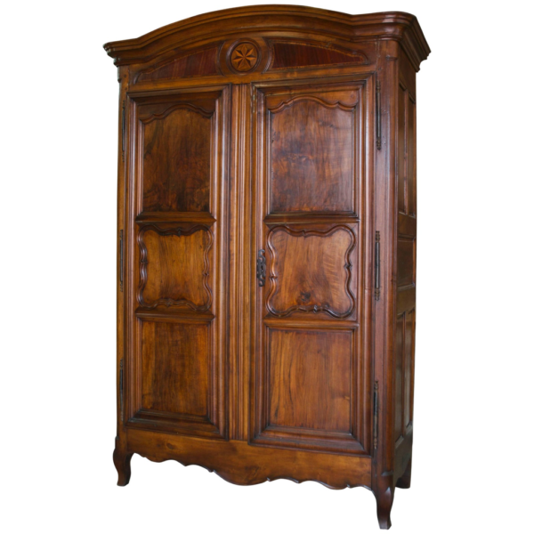 Elegant brown wooden wardrobe with classic French design.