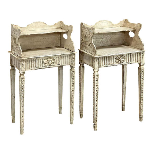 Classic French White Wood Carved Bedside Table