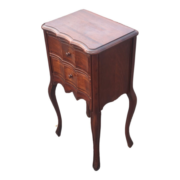 Classic French bedside table with mahogany wood frame and brown finish