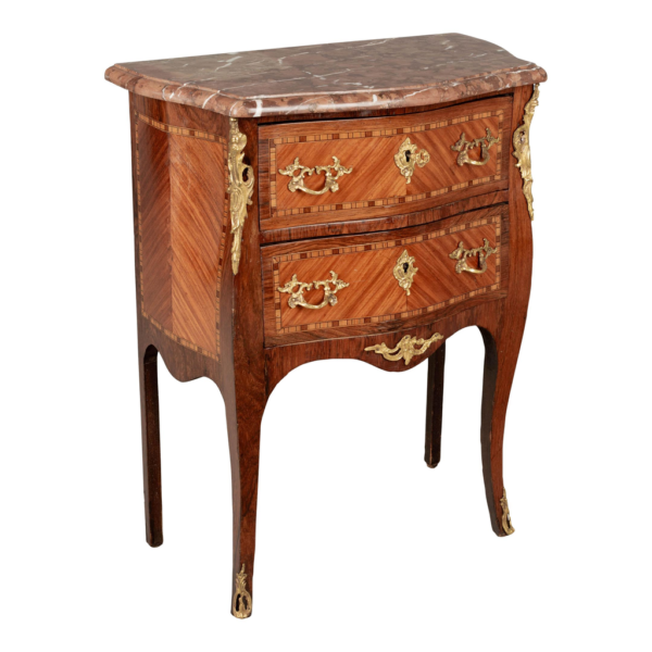 Classic French bedside table with marble top and ornate gold accents.