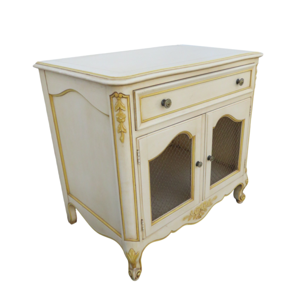 Classic French style white and gold nightstand with drawer and cabinet