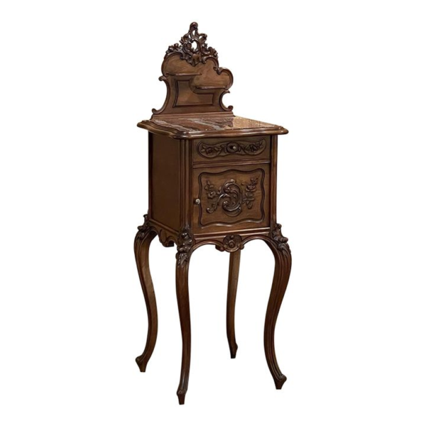 Classic French wood bedside table with carved details