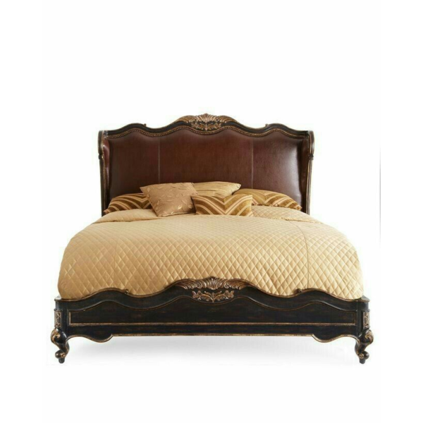 Classic Leather and Wood Bed with Ornate Detailing