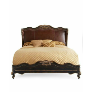 Classic Leather and Wood Bed with Ornate Detailing