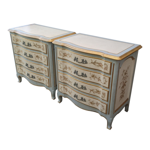 Classic Rococo-style nightstand with floral design, light blue finish