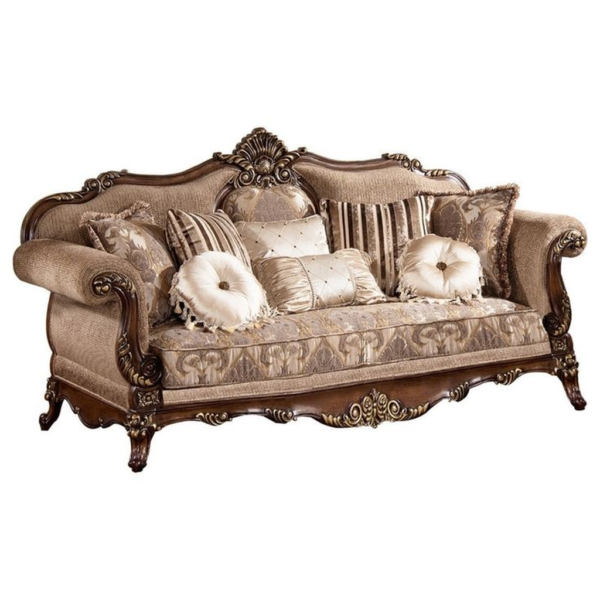 Classic Style Beige and Brown Sofa with Wood Carvings