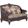 Classic style brown wood sofa with beige fabric upholstery