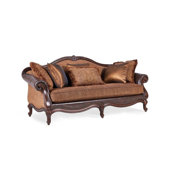 Classic Brown Sofa with Wood Frame and Leather Accents
