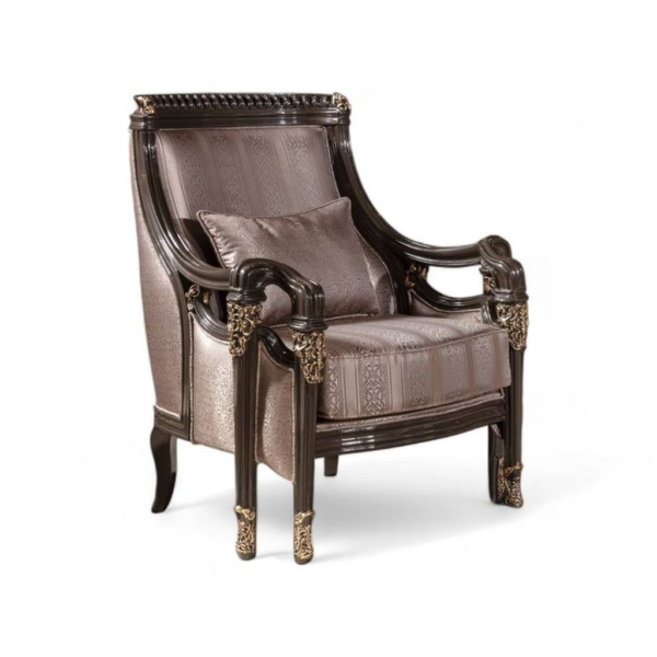 Classic brown and gold sofa with wooden frame