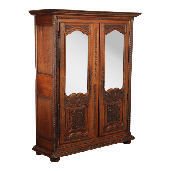 Classic brown wood wardrobe with mirror doors.