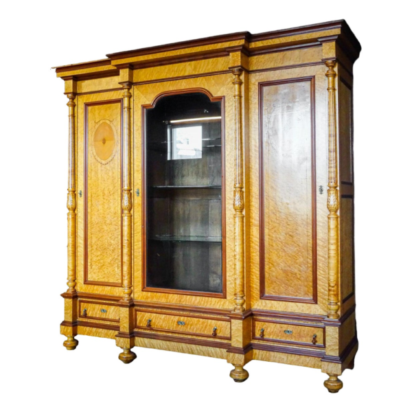 Classic beige wood wardrobe with drawers and carvings