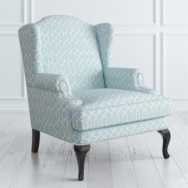 Classic Wingback Sofa with Light Blue Patterned Fabric