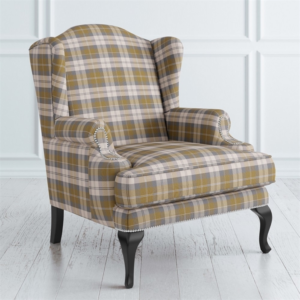 Classic wingback sofa with plaid fabric, beige gray and gold, Daabadi Furniture exporter