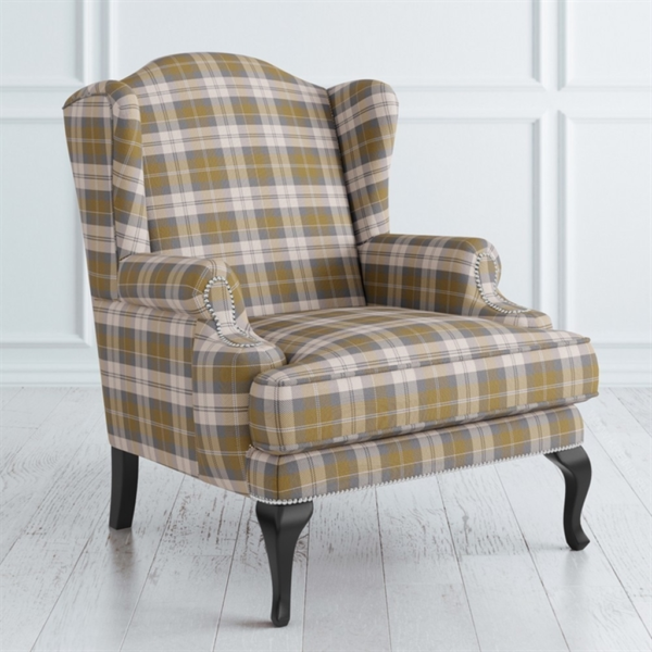 Classic wingback sofa with plaid fabric, beige gray and gold, Daabadi Furniture exporter