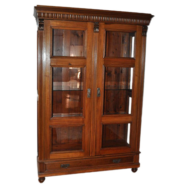 Classic Brown Wooden Wardrobe with Glass Doors