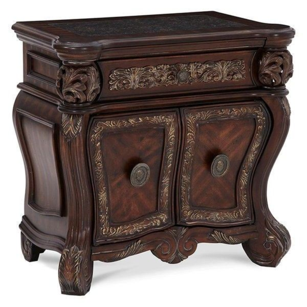Classic brown wood nightstand with carved details
