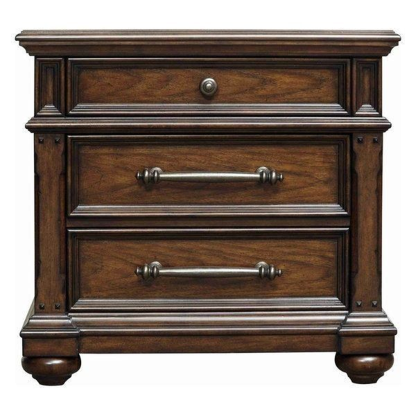 Classic brown wood nightstand with drawers.