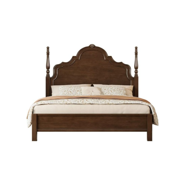 Classic brown wood platform bed with raised headboard