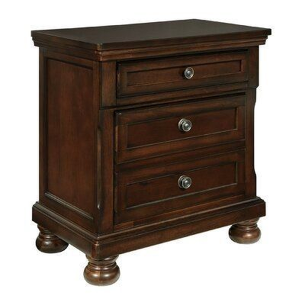 Classic brown wooden bedside table with drawers