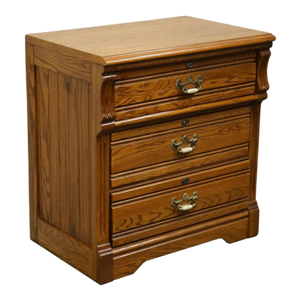 Classic brown wooden bedside table with drawers