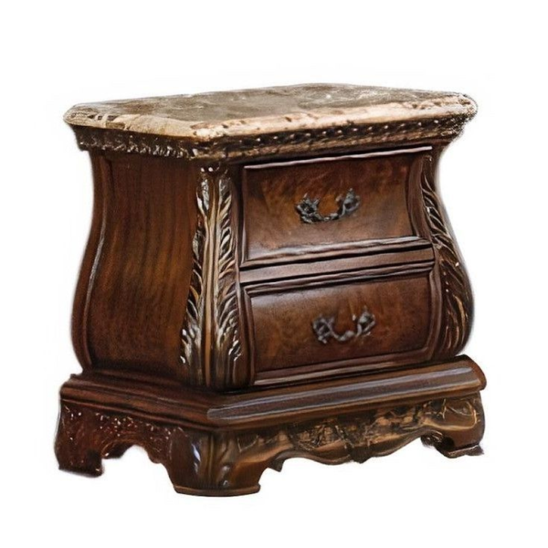 Classic brown wooden bedside table with marble top, Daabadi Furniture supplier
