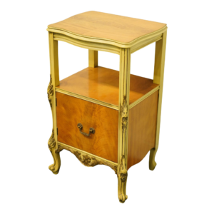 Classic wood bedside table with drawer, vintage design, light brown and gold accents