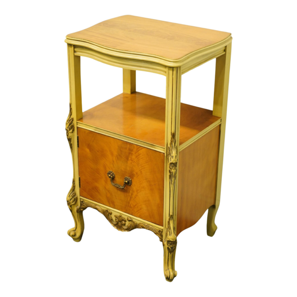 Classic wood bedside table with drawer, vintage design, light brown and gold accents