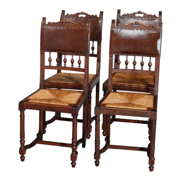 Dark brown leather dining chair with wood frame and rush seat