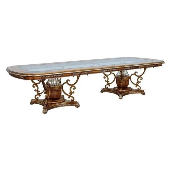 Baroque style wood dining table with glass top