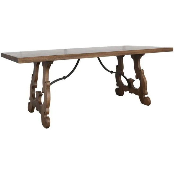 Renaissance Revival style brown wood dining table with iron accents by Daabadi Furniture wholesaler