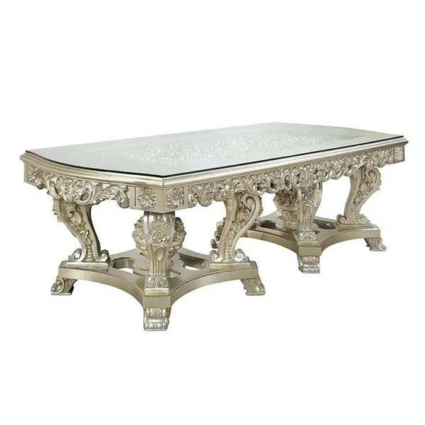 Victorian Era Silver Dining Table with Ornate Carvings and Glass Top