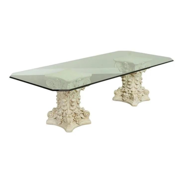 Neoclassical Dining Table with Glass Top and Ivory Base