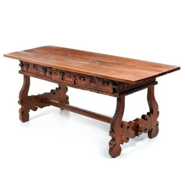 Renaissance Style Wood Dining Table with Carved Details