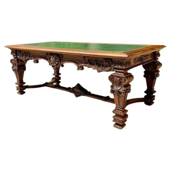 Antique Carved Wood Dining Table with Green Top - 19th Century Design