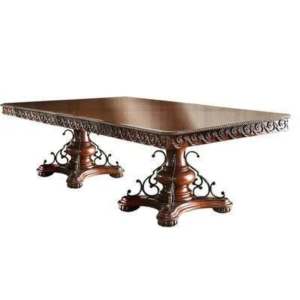 Vintage dining table with brown wood and iron detailing